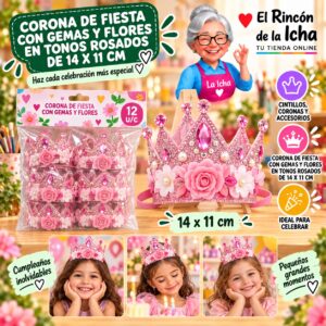 RI-0010328 Corona De Fiesta Con Gemas Y Flores En Tonos Rosados De 14 X 11 Cm Feliz