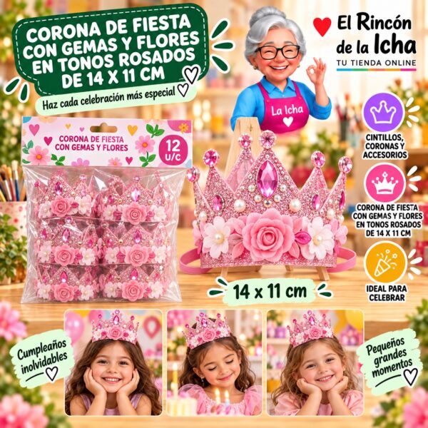 Corona De Fiesta Con Gemas Y Flores En Tonos Rosados De 14 X 11 Cm Feliz
