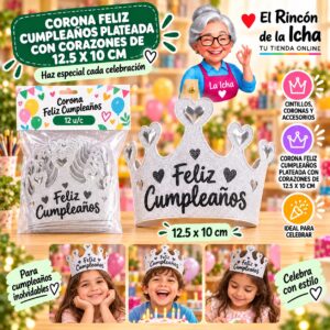 RI-0010330 Corona Feliz Cumpleaños Plateada Con Corazones De 12.5 X 10 Cm Feliz