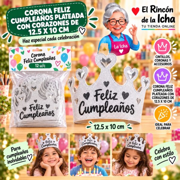 Corona Feliz Cumpleaños Plateada Con Corazones De 12.5 X 10 Cm Feliz
