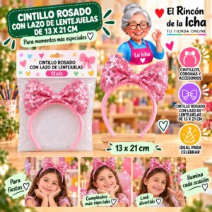 RI-0010332 Cintillo Rosado Con Lazo De Lentejuelas De 13 X 21 Cm Feliz