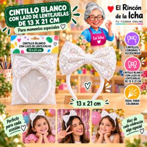 RI-0010333 Cintillo Blanco Con Lazo De Lentejuelas De 13 X 21 Cm Feliz