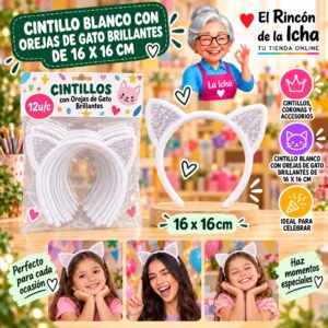RI-0010334 Cintillo Blanco Con Orejas De Gato Brillantes De 16 X 16 Cm Feliz