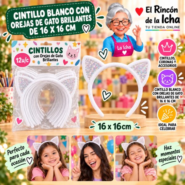 Cintillo Blanco Con Orejas De Gato Brillantes De 16 X 16 Cm Feliz
