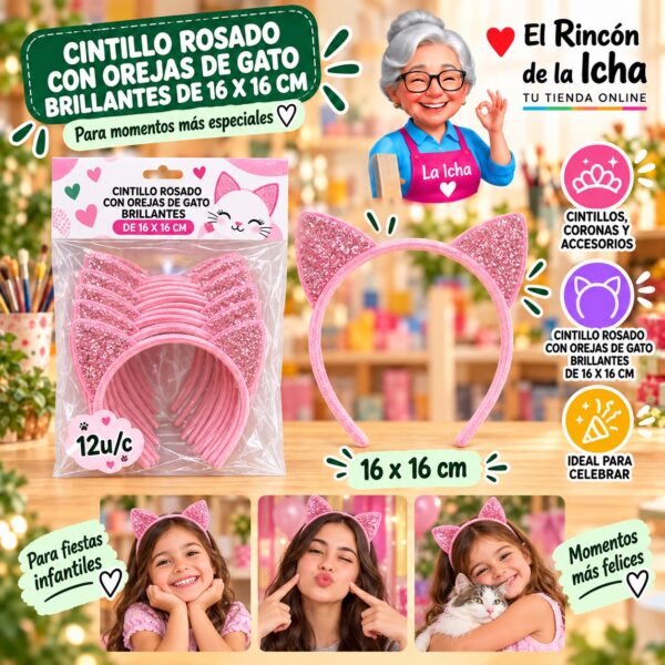 Cintillo Rosado Con Orejas De Gato Brillantes De 16 X 16 Cm Feliz