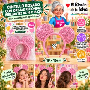 RI-0010336 Cintillo Rosado Con Orejas Redondas Brillantes De 19 X 16 Cm Feliz