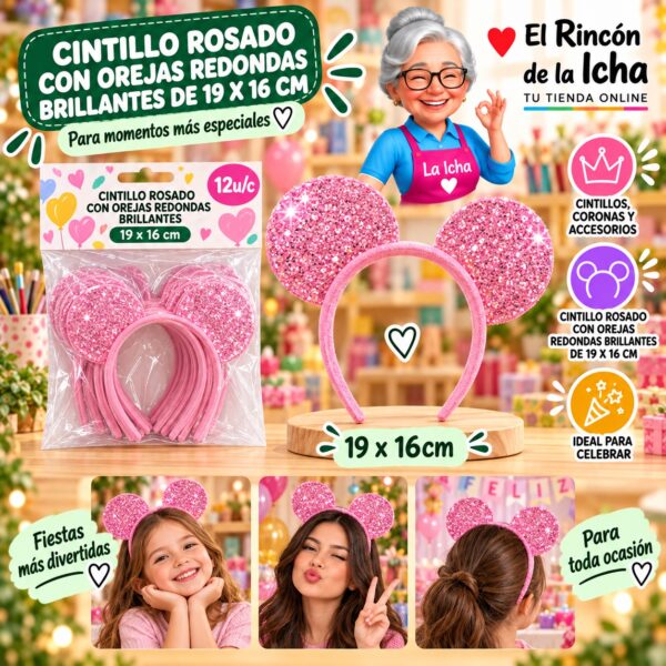Cintillo Rosado Con Orejas Redondas Brillantes De 19 X 16 Cm Feliz