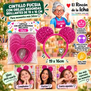 RI-0010337 Cintillo Fucsia Con Orejas Redondas Brillantes De 19 X 16 Cm Feliz