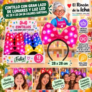 RI-0010338 Cintillo Con Gran Lazo De Lunares Y Luz Led De 28 X 28 Cm En Colores Surtidos Feliz