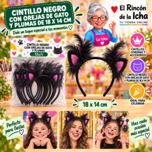 RI-0010340 Cintillo Negro Con Orejas De Gato Y Plumas De 18 X 14 Cm Feliz
