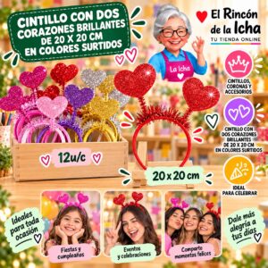 RI-0010341 Cintillo Con Dos Corazones Brillantes De 20 X 20 Cm En Colores Surtidos Feliz