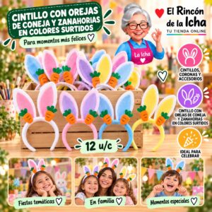 RI-0010342 Cintillo Con Orejas De Coneja Y Zanahorias En Colores Surtidos Feliz