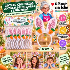 RI-0010343 Cintillo Con Orejas De Coneja De Lentejuelas Y Zanahorias Feliz