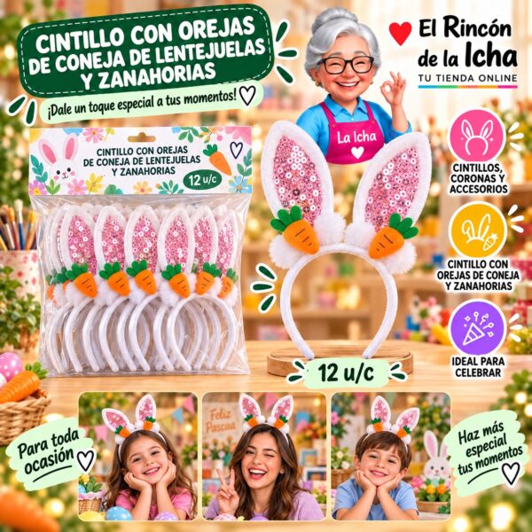 Cintillo Con Orejas De Coneja De Lentejuelas Y Zanahorias Feliz