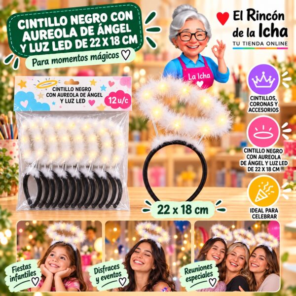 Cintillo Negro Con Aureola De Ángel Y Luz Led De 22 X 18 Cm Feliz