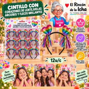 RI-0010345 Cintillo Con Corazones De Lentejuelas Arcoíris Y Flecos Brillantes Feliz