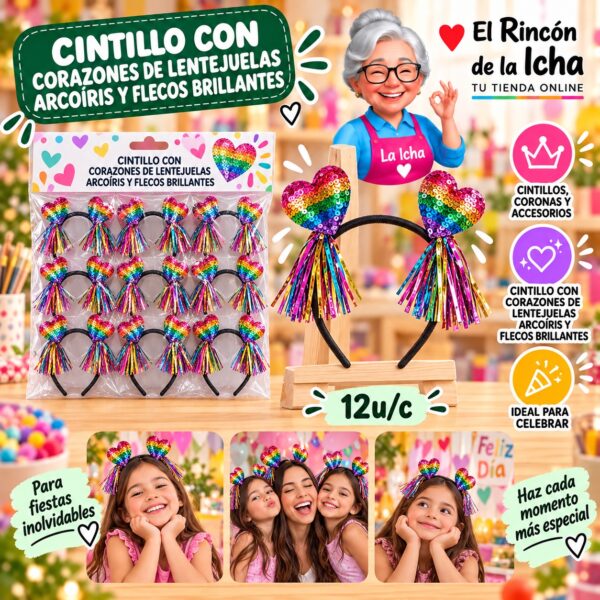 Cintillo Con Corazones De Lentejuelas Arcoíris Y Flecos Brillantes Feliz