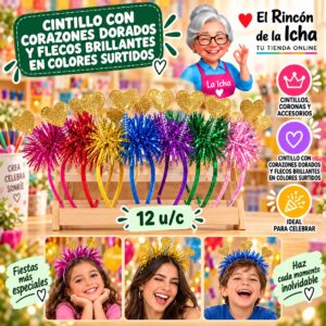 RI-0010346 Cintillo Con Corazones Dorados Y Flecos Brillantes En Colores Surtidos Feliz