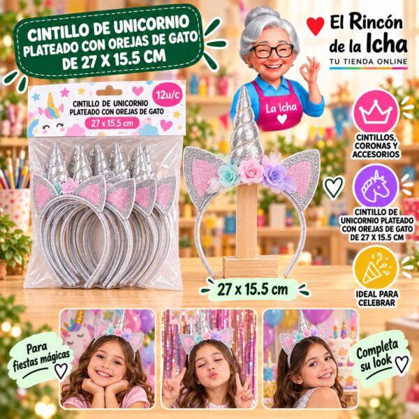 Cintillo De Unicornio Plateado Con Orejas De Gato De 27 X 15.5 Cm Feliz