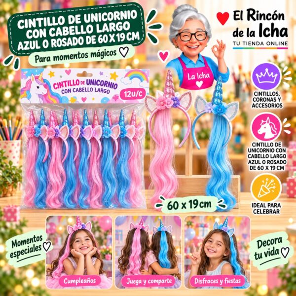 Cintillo De Unicornio Con Cabello Largo Azul O Rosado De 60 X 19 Cm Feliz