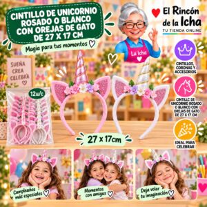 RI-0010349 Cintillo De Unicornio Rosado O Blanco Con Orejas De Gato De 27 X 17 Cm Feliz