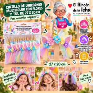 RI-0010350 Cintillo De Unicornio Multicolor Con Flores Y Tul De 27 X 20 Cm Feliz