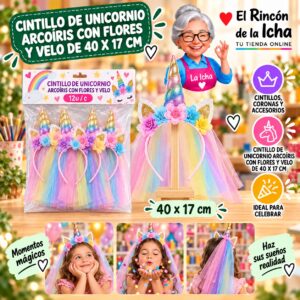 RI-0010351 Cintillo De Unicornio Arcoíris Con Flores Y Velo De 40 X 17 Cm Feliz