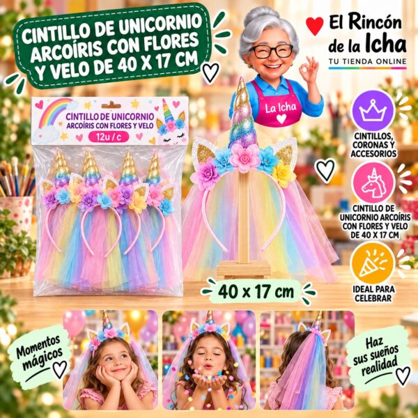 RI-0010351 Cintillo De Unicornio Arcoíris Con Flores Y Velo De 40 X 17 Cm Feliz