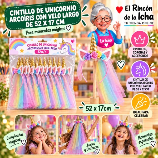 Cintillo De Unicornio Arcoíris Con Velo Largo De 52 X 17 Cm Feliz