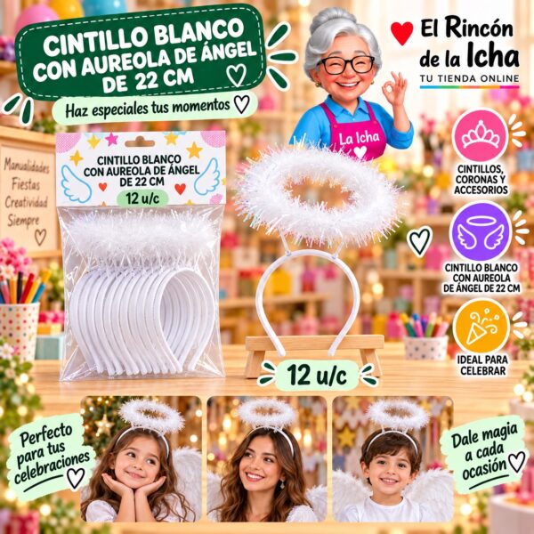 Cintillo Blanco Con Aureola De Ángel De 22 Cm Feliz