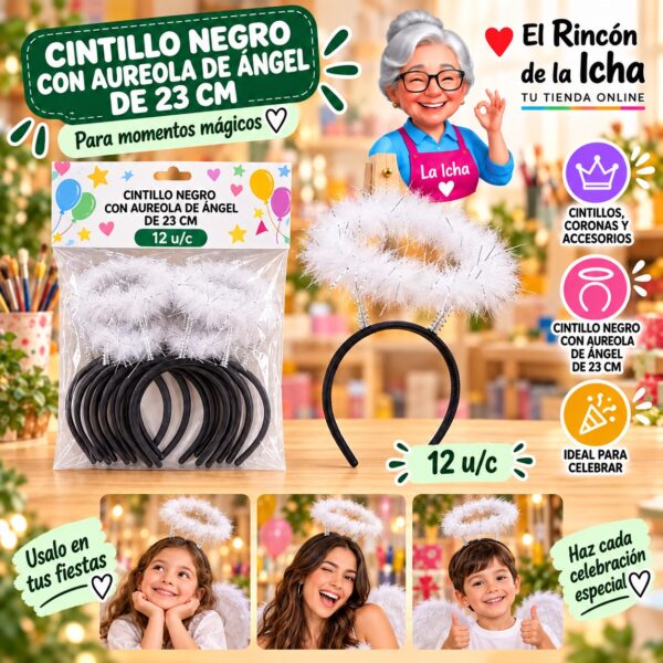 Cintillo Negro Con Aureola De Ángel De 23 Cm Feliz