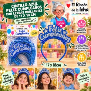 RI-0010357 Cintillo Azul Feliz Cumpleaños Con Letras Brillantes De 17 X 18 Cm Feliz