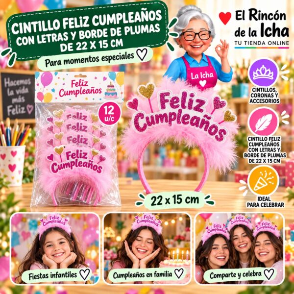 Cintillo Feliz Cumpleaños Con Letras Y Borde De Plumas De 22 X 15 Cm Feliz