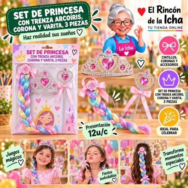 Set De Princesa Con Trenza Arcoíris, Corona Y Varita, 3 Piezas Feliz