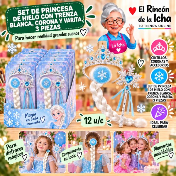 Set De Princesa De Hielo Con Trenza Blanca, Corona Y Varita, 3 Piezas Feliz