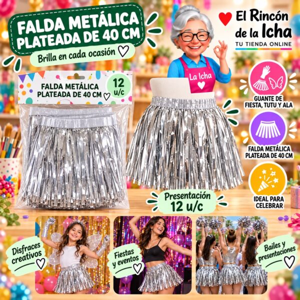 Falda Metálica Plateada De 40 Cm Feliz