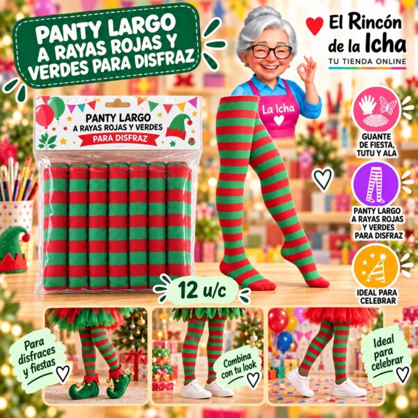 RI-0010372 Panty Largo A Rayas Rojas Y Verdes Para Disfraz Feliz