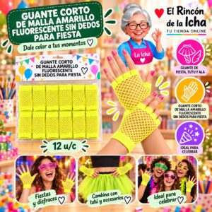 RI-0010380 Guante Corto De Malla Amarillo Fluorescente Sin Dedos Para Fiesta Feliz