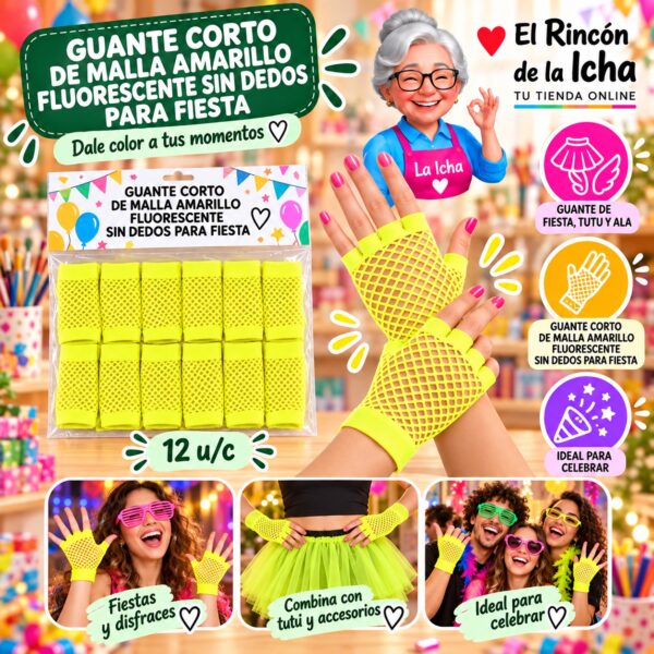 RI-0010380 Guante Corto De Malla Amarillo Fluorescente Sin Dedos Para Fiesta Feliz