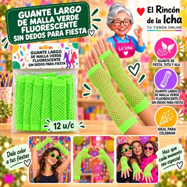 RI-0010386 Guante Largo De Malla Verde Fluorescente Sin Dedos Para Fiesta Feliz