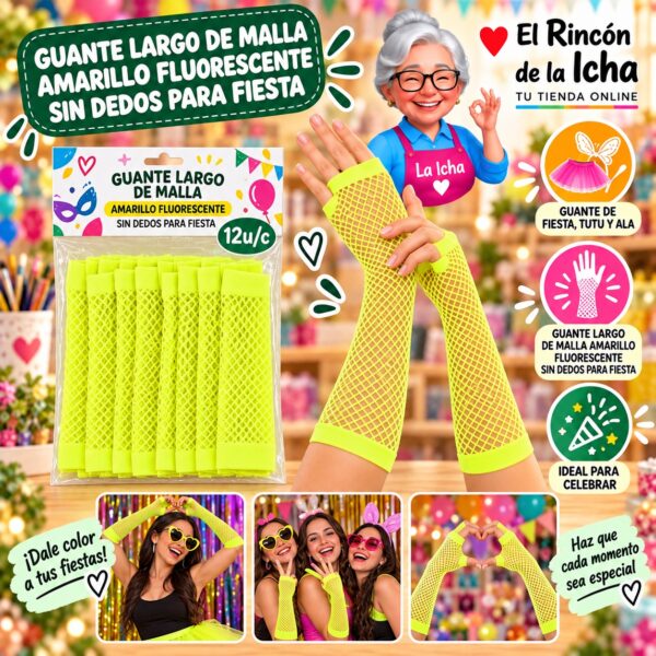 RI-0010387 Guante Largo De Malla Amarillo Fluorescente Sin Dedos Para Fiesta Feliz