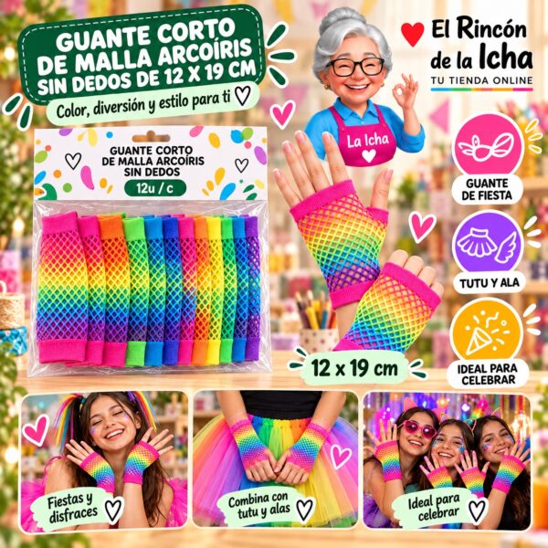RI-0010388 Guante Corto De Malla Arcoíris Sin Dedos De 12 X 19 Cm Feliz