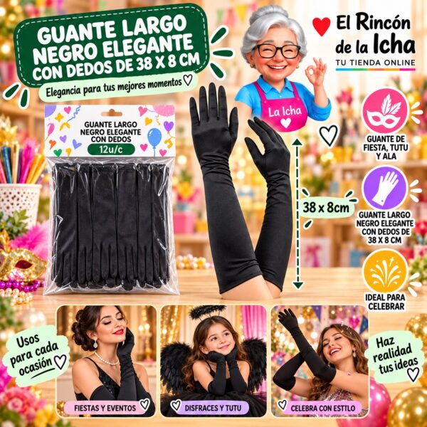 RI-0010390 Guante Largo Negro Elegante Con Dedos De 38 X 8 Cm Feliz