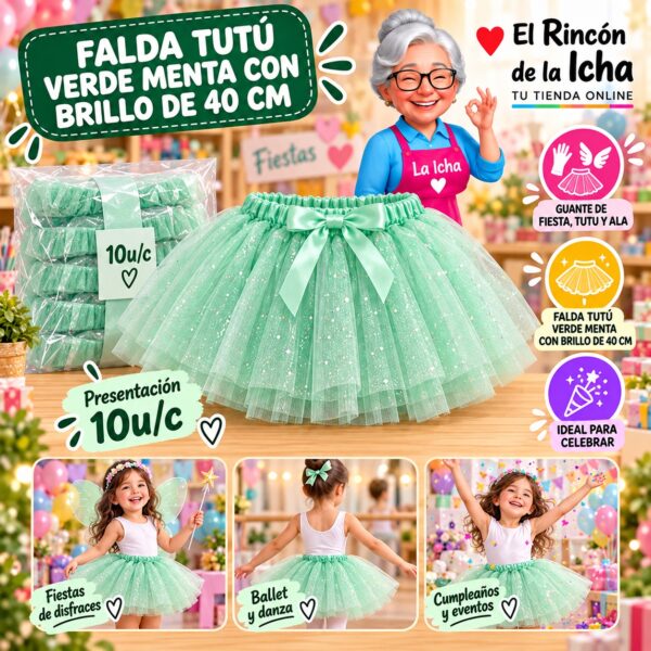 RI-0010395 Falda Tutú Verde Menta Con Brillo De 40 Cm Feliz