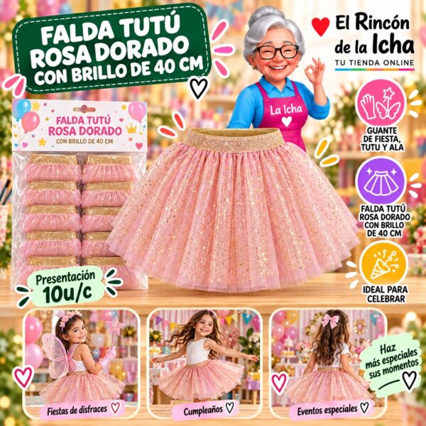 RI-0010396 Falda Tutú Rosa Dorado Con Brillo De 40 Cm Feliz