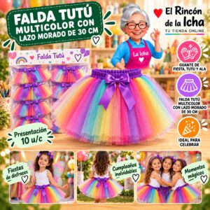 RI-0010399 Falda Tutú Multicolor Con Lazo Morado De 30 Cm Feliz