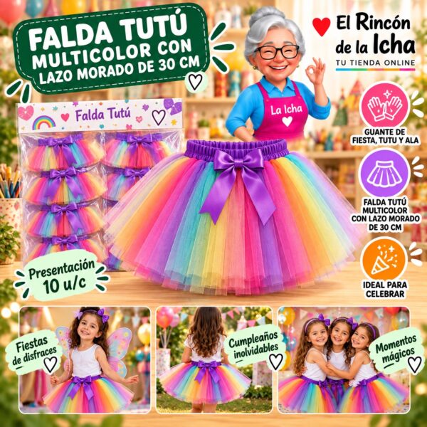 RI-0010399 Falda Tutú Multicolor Con Lazo Morado De 30 Cm Feliz