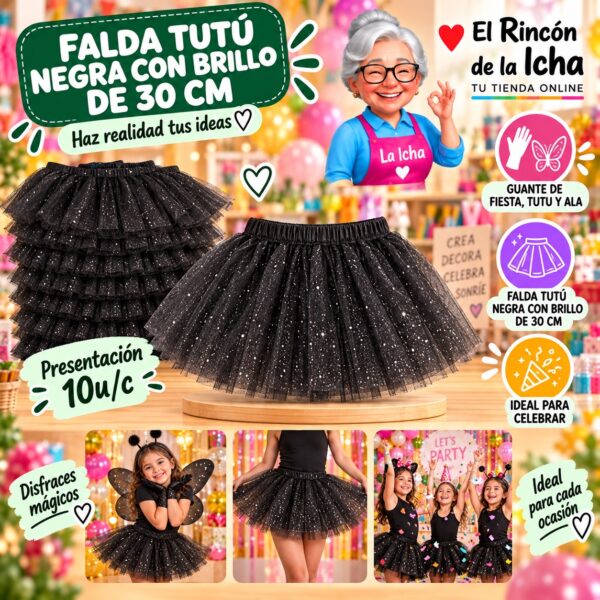 Falda Tutú Negra Con Brillo De 30 Cm Feliz