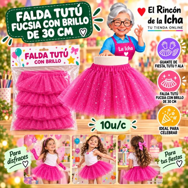 Falda Tutú Fucsia Con Brillo De 30 Cm Feliz
