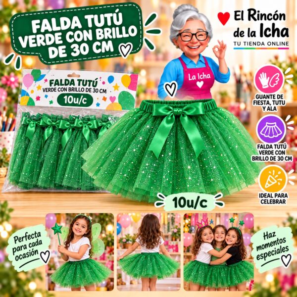 Falda Tutú Verde Con Brillo De 30 Cm Feliz